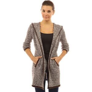 🩵Brown & White Variegated Trim Open Front Hooded Cardigan Large